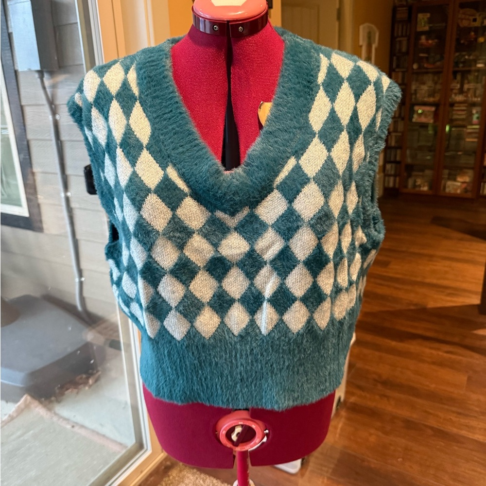 Fuzzy Teal Sweater Vest with Diamond Pattern